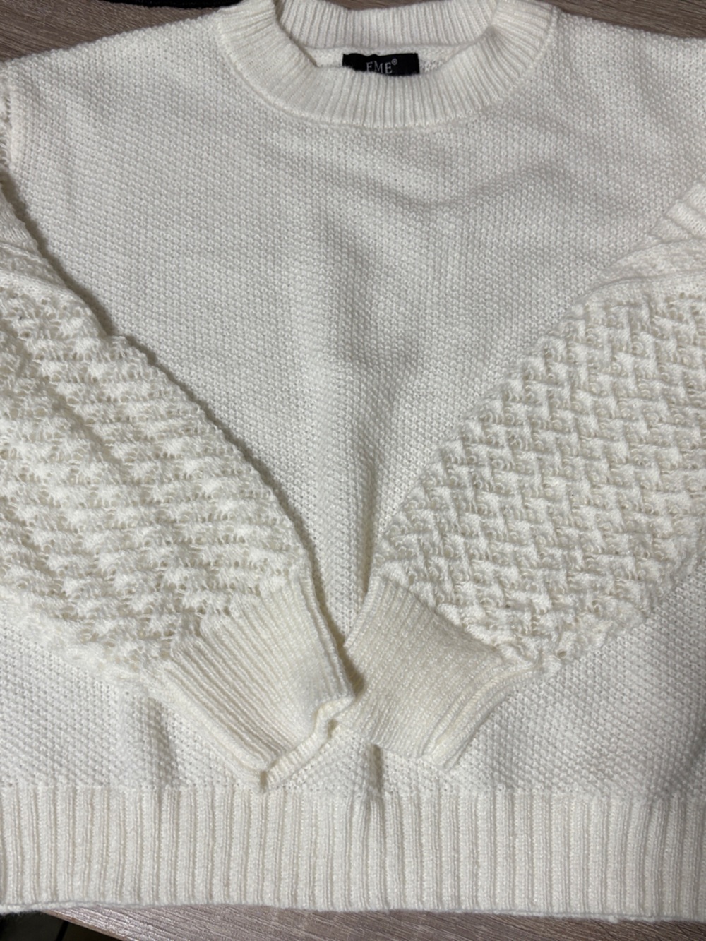 SHEIN Cream Textured Cable-Pattern Crewneck Sweater